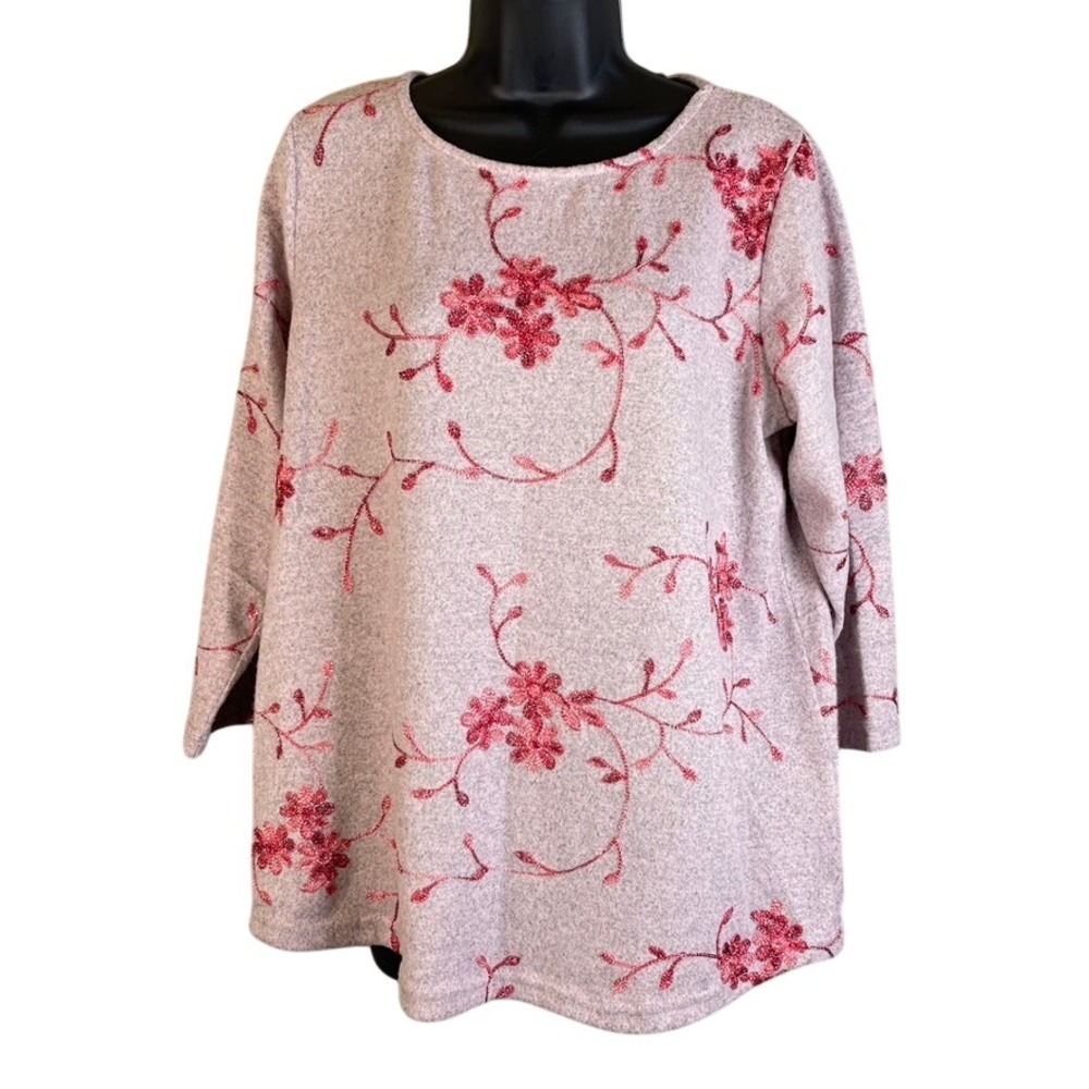 Anneliese Women's Gray Heathered Red Floral Embroidered Long Sleeve Tunic Lg